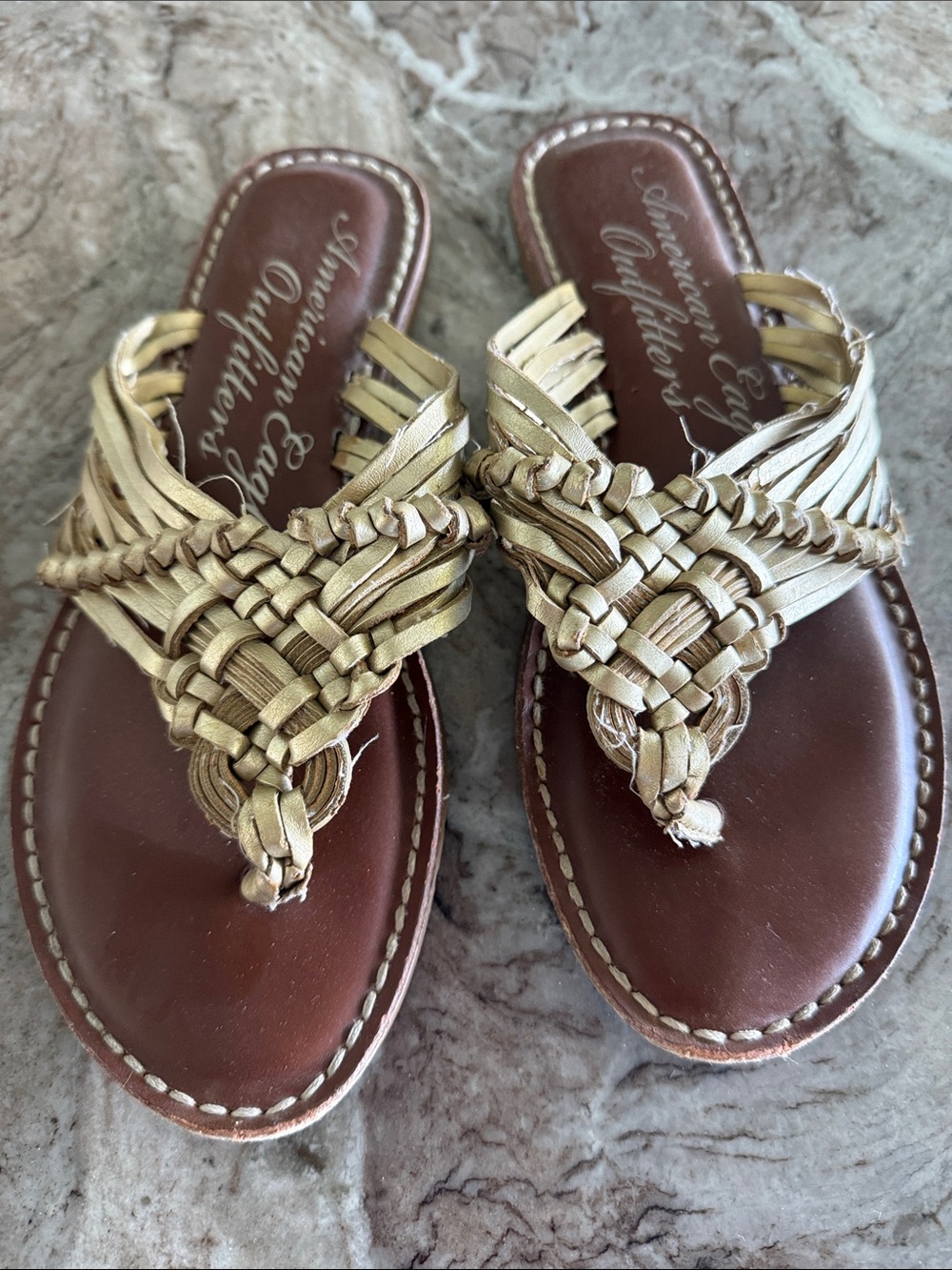 American Eagle Outfitters Woven Tan Leather Thong Sandals
